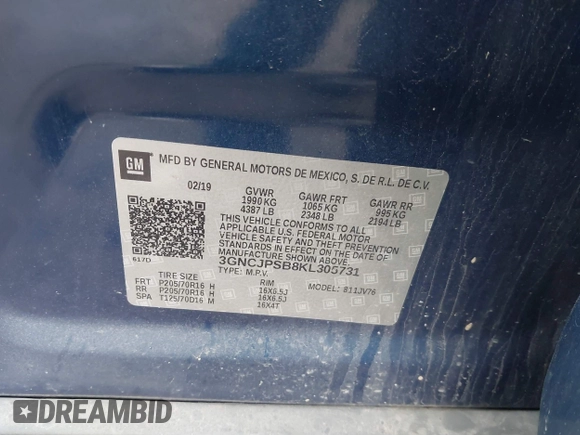 2019 Chevrolet Trax LT with VIN 3GNCJPSB8KL305731, listed as a IAAI auction lot 41953636 with 99,983 mi miles. Bid and sale history available at carsss.com. Image 9.
