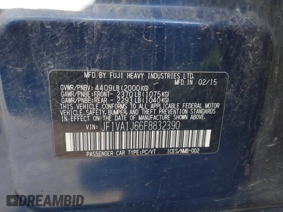 2015 Subaru WRX Limited with VIN JF1VA1J66F8832390, listed as a IAAI auction lot 40811632 with 129,621 mi miles. Bid and sale history available at carsss.com. Image 9.
