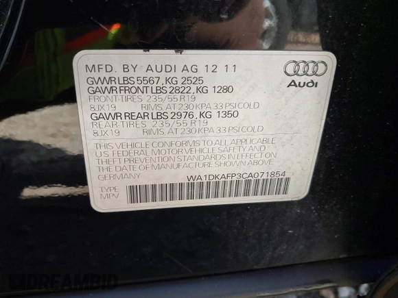 2012 Audi Q5 3.2L Premium Plus with VIN WA1DKAFP3CA071854, listed as a IAAI auction lot 41715296 with 175,634 mi miles. Bid and sale history available at carsss.com. Image 9.