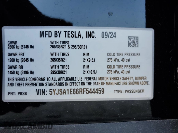 2024 Tesla Model S Plaid с VIN 5YJSA1E66RF544459, выставлен на аукционе Copart как лот 44743565 с пробегом Не указан миль и Списание • Salvage title. История ставок и продаж доступна на DreamBid. Изображение 13.
