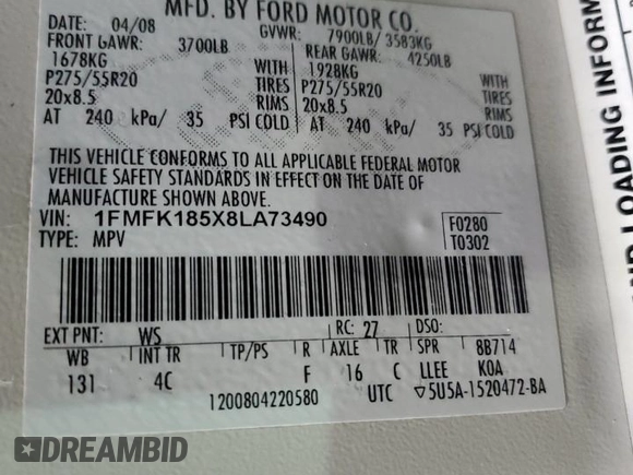 2008 Ford Expedition EL Eddie Bauer with VIN 1FMFK185X8LA73490, listed as a Copart auction lot 85985814 with 0 mi miles and Salvage Title. Bid and sale history available at carsss.com. Image 14.