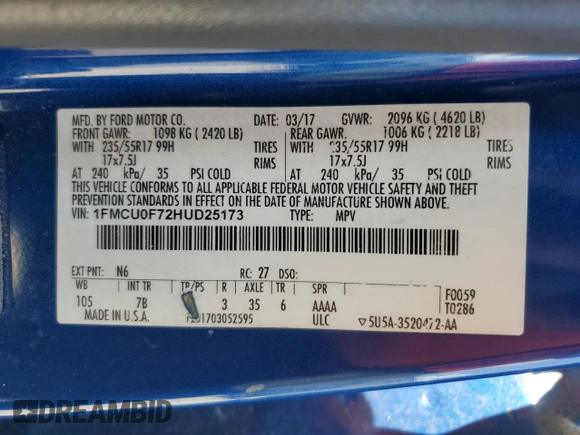 2017 Ford Escape S z VIN 1FMCU0F72HUD25173, wystawiony jako Copart lot #59882215 z przebiegiem 233 578 mil mil oraz Szkoda całkowita • Salvage title. Historia ofert i sprzedaży dostępna na DreamBid. Obrazek 13.