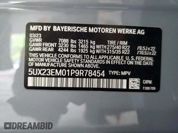 2023 BMW X7 xDrive40i z VIN 5UX23EM01P9R78454, wystawiony jako Copart lot #56280075 z przebiegiem Nie podano mil oraz Szkoda całkowita • Salvage title. Historia ofert i sprzedaży dostępna na DreamBid. Obrazek 13.