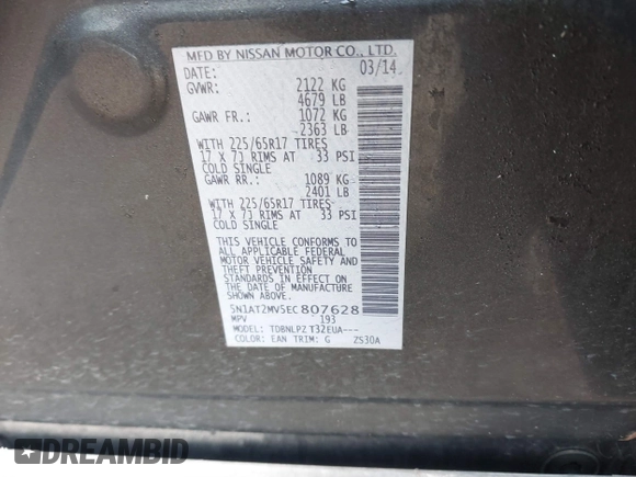 2014 Nissan Rogue SV with VIN 5N1AT2MV5EC807628, listed as a IAAI auction lot 41442792 with 52,964 mi miles. Bid and sale history available at carsss.com. Image 9.