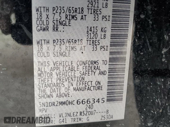 2017 Nissan Pathfinder SV with VIN 5N1DR2MM0HC666345, listed as a Copart auction lot 89054365 with 169,517 mi miles and Salvage title. Bid and sale history available at DreamBid. Image 15.
