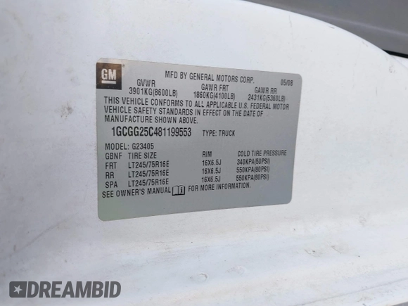 2008 Chevrolet Express Cargo Van with VIN 1GCGG25C481199553, listed as a IAAI auction lot 41508779 with 213,446 mi miles. Bid and sale history available at carsss.com. Image 9.