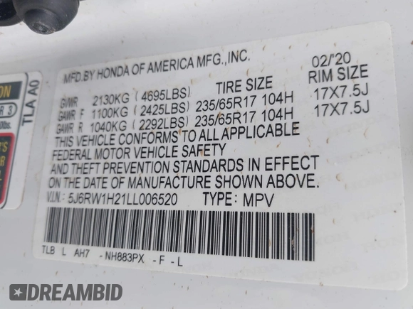 2020 Honda CR-V LX with VIN 5J6RW1H21LL006520, listed as a IAAI auction lot 41753501 with 46,958 mi miles and . Bid and sale history available at DreamBid. Image 9.