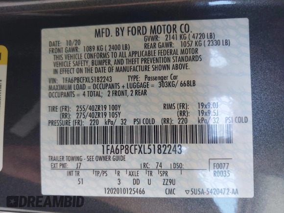 2020 Ford Mustang GT z VIN 1FA6P8CFXL5182243, wystawiony jako IAAI lot #42639313 z przebiegiem 32 018 mil mil oraz . Historia ofert i sprzedaży dostępna na DreamBid. Obrazek 9.