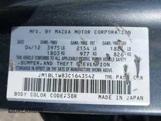2012 Mazda 3 i Grand Touring with VIN JM1BL1W83C1643542, listed as a IAAI auction lot 42570322 with 204,004 mi miles and . Bid and sale history available at DreamBid. Image 9.