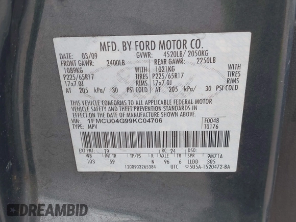 2009 Ford Escape Limited с VIN 1FMCU04G99KC04706, выставлен на аукционе IAAI как лот 42339917 с пробегом 164 603 миль миль и . История ставок и продаж доступна на DreamBid. Изображение 9.