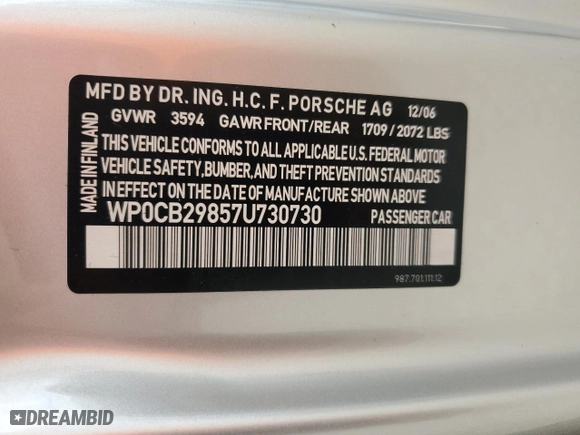 2007 Porsche Boxster S with VIN WP0CB29857U730730, listed as a Copart auction lot 74175794 with 0 mi miles and Salvage Title. Bid and sale history available at carsss.com. Image 12.