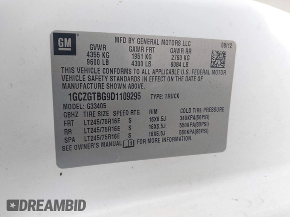 2013 Chevrolet Express Cargo with VIN 1GCZGTBG9D1109295, listed as a IAAI auction lot 41379334 with 91,422 mi miles and . Bid and sale history available at DreamBid. Image 9.