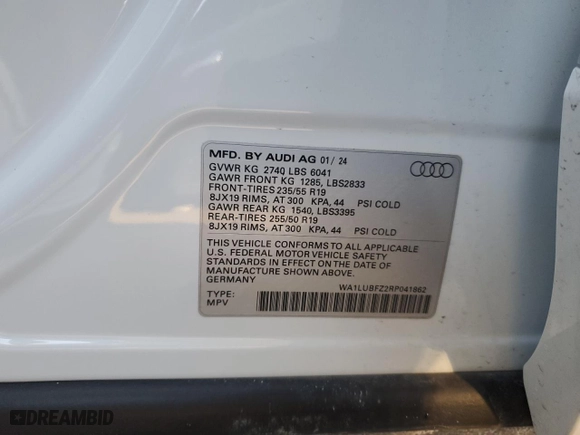 2024 Audi Q4 e-tron Premium Plus with VIN WA1LUBFZ2RP041862, listed as a Copart auction lot 44298765 with 2,405 mi miles and Salvage Title. Bid and sale history available at carsss.com. Image 13.