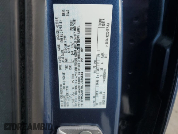 2018 Ford Escape S with VIN 1FMCU0F79JUB86844, listed as a Copart auction lot 64446735 with 155,329 mi miles and Salvage title. Bid and sale history available at DreamBid. Image 13.