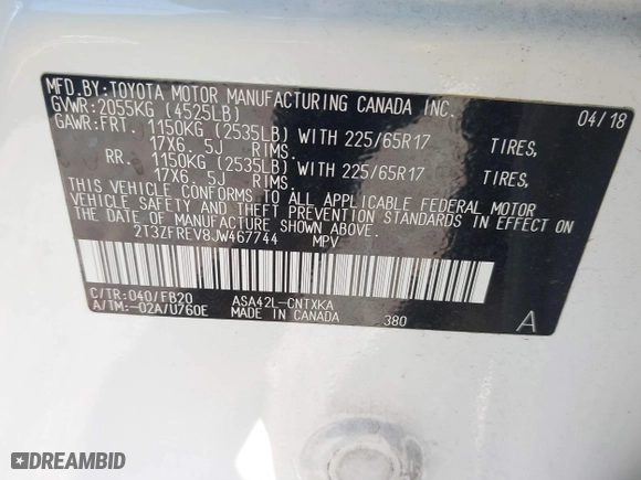 2018 Toyota RAV4 LE with VIN 2T3ZFREV8JW467744, listed as a IAAI auction lot 41818614 with 95,609 mi miles. Bid and sale history available at carsss.com. Image 9.