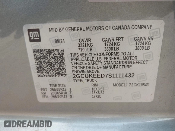 2025 Chevrolet Silverado 1500 with VIN 2GCUKEED7S1111432, listed as a IAAI auction lot 42114468 with 20,328 mi miles and . Bid and sale history available at DreamBid. Image 9.