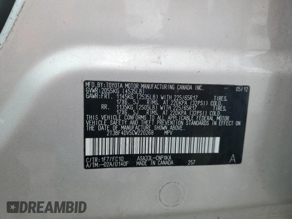 2012 Toyota RAV4 с VIN 2T3BF4DV5CW220268, выставлен на аукционе Copart как лот 57981335 с пробегом 196 728 миль миль и Списание • Salvage title. История ставок и продаж доступна на DreamBid. Изображение 13.