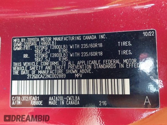 2022 Lexus NX 250 Premium with VIN 2T2GDCAZ2NC002889, listed as a IAAI auction lot 42348557 with 19,447 mi miles and . Bid and sale history available at DreamBid. Image 9.
