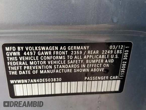 2013 Volkswagen CC Sport z VIN WVWBN7AN4DE503830, wystawiony jako Copart lot #88232795 z przebiegiem 135 827 mil mil oraz Szkoda całkowita • Salvage title. Historia ofert i sprzedaży dostępna na DreamBid. Obrazek 13.