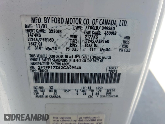 2002 Ford F-150 XL with VIN 2FTPF17Z52CA29240, listed as a Copart auction lot 55852925 with Not provided miles and Salvage title. Bid and sale history available at DreamBid. Image 12.