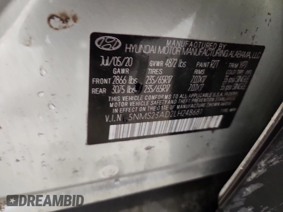 2020 Hyundai Santa Fe SE with VIN 5NMS23AD2LH248681, listed as a Copart auction lot 61651745 with 63,672 mi miles and Salvage title. Bid and sale history available at DreamBid. Image 12.