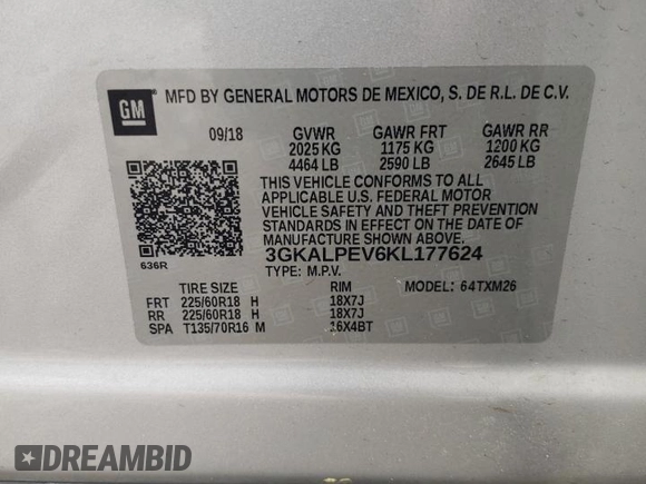 2019 GMC Terrain SLT z VIN 3GKALPEV6KL177624, wystawiony jako Copart lot #53352875 z przebiegiem 124 470 mil mil oraz Szkoda całkowita • Salvage title. Historia ofert i sprzedaży dostępna na DreamBid. Obrazek 14.
