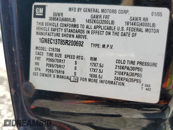2005 Chevrolet Tahoe Z71 with VIN 1GNEC13T85R200692, listed as a Copart auction lot 62088855 with 242,402 mi miles and Salvage title. Bid and sale history available at DreamBid. Image 13.