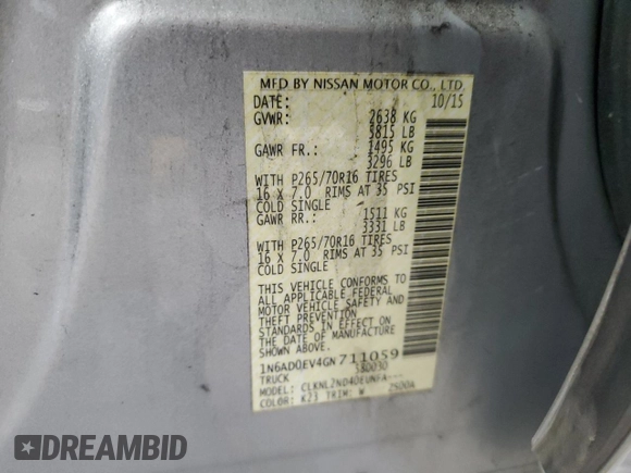 2016 Nissan Frontier S with VIN 1N6AD0EV4GN711059, listed as a Copart auction lot 47024135 with 152,452 mi miles and Salvage title. Bid and sale history available at DreamBid. Image 12.