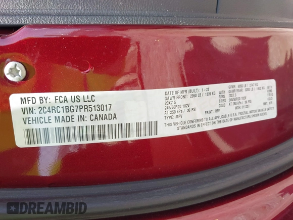 2023 Chrysler Pacifica Touring L with VIN 2C4RC1BG7PR513017, listed as a IAAI auction lot 42441272 with 23,310 mi miles and . Bid and sale history available at DreamBid. Image 9.