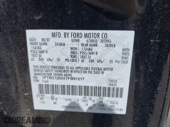 2007 Ford F-150 STX with VIN 1FTRX12WX7FB91217, listed as a IAAI auction lot 42496481 with 136,563 mi miles and . Bid and sale history available at DreamBid. Image 9.