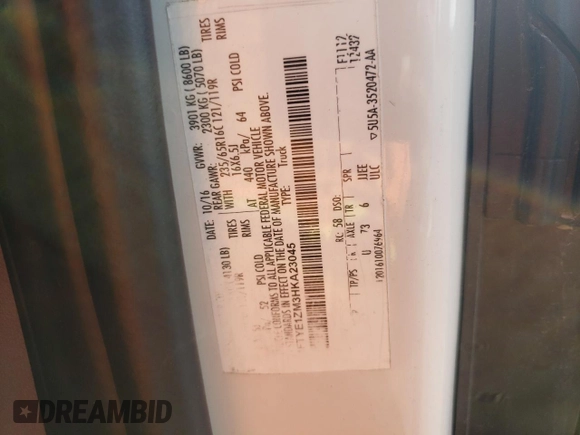 2017 Ford Transit with VIN 1FTYE1ZM3HKA23045, listed as a Copart auction lot 60778705 with 67,108 mi miles and Clean title. Bid and sale history available at DreamBid. Image 13.