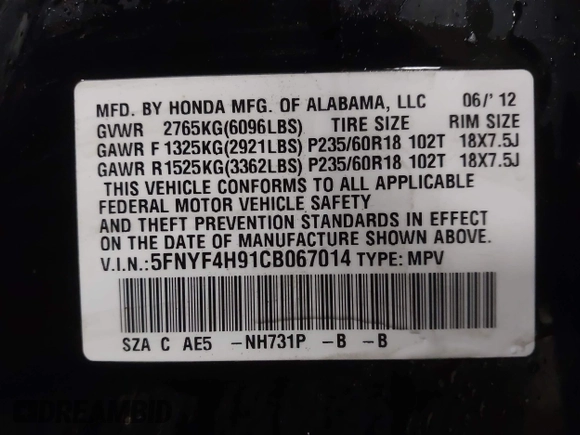 2012 Honda Pilot Touring with VIN 5FNYF4H91CB067014, listed as a IAAI auction lot 41749402 with 151,248 mi miles. Bid and sale history available at carsss.com. Image 9.