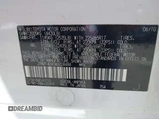2010 Toyota RAV4 with VIN JTMZF4DV0AD028488, listed as a IAAI auction lot 41978295 with 168,446 mi miles. Bid and sale history available at carsss.com. Image 9.