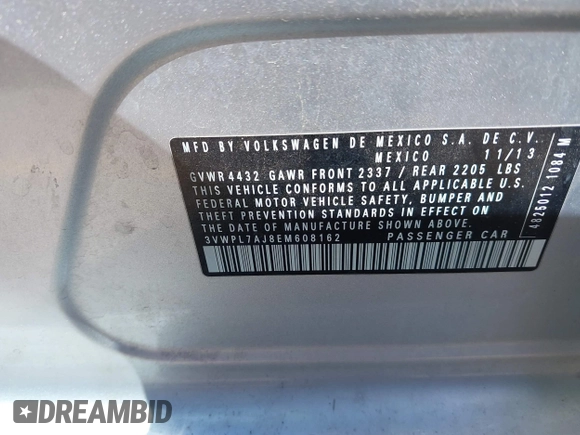 2014 Volkswagen Jetta TDI w/Sunroof & Nav с VIN 3VWPL7AJ8EM608162, выставлен на аукционе IAAI как лот 42516807 с пробегом 173 798 миль миль и . История ставок и продаж доступна на DreamBid. Изображение 9.