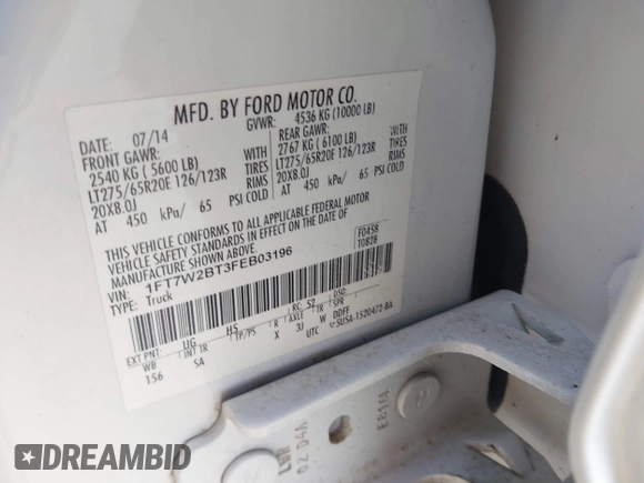 2015 Ford F-250 Lariat with VIN 1FT7W2BT3FEB03196, listed as a IAAI auction lot 42655899 with Not provided miles and . Bid and sale history available at DreamBid. Image 9.