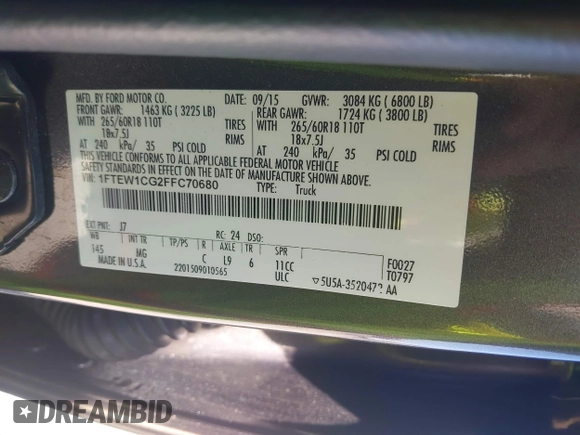 2015 Ford F-150 XL with VIN 1FTEW1CG2FFC70680, listed as a IAAI auction lot 41871782 with 143,875 mi miles. Bid and sale history available at carsss.com. Image 9.