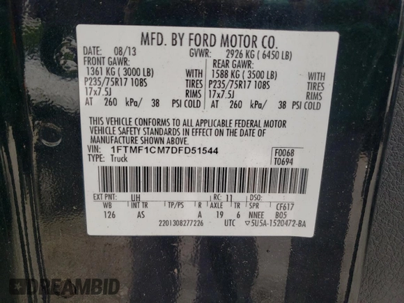 2013 Ford F-150 XL with VIN 1FTMF1CM7DFD51544, listed as a Copart auction lot 58138115 with 284,893 mi miles and Clean title. Bid and sale history available at DreamBid. Image 12.