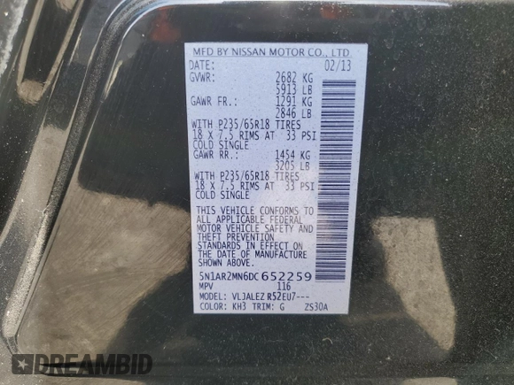 2013 Nissan Pathfinder SL with VIN 5N1AR2MN6DC652259, listed as a Copart auction lot 52046085 with 132,450 mi miles and Clean Title. Bid and sale history available at DreamBid. Image 13.