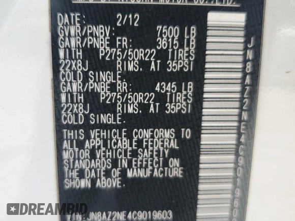 2012 Infiniti QX56 7-passenger with VIN JN8AZ2NE4C9019603, listed as a Copart auction lot 62738594 with 224,183 mi miles and Salvage Title. Bid and sale history available at carsss.com. Image 15.