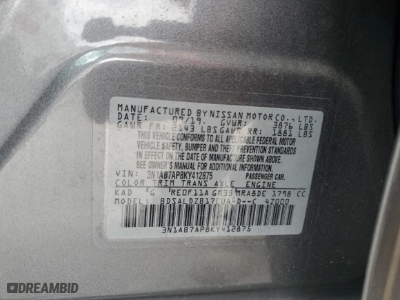 2019 Nissan Sentra S with VIN 3N1AB7AP8KY412875, listed as a Copart auction lot 49159875 with 103,467 mi miles and Clean Title. Bid and sale history available at carsss.com. Image 12.