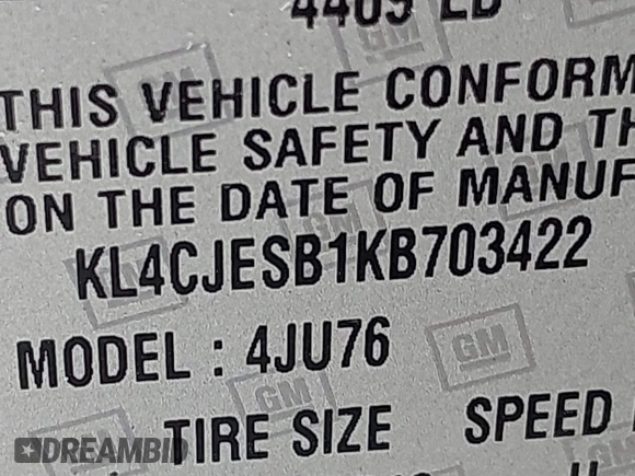 2019 Buick Encore Preferred with VIN KL4CJESB1KB703422, listed as a IAAI auction lot 41590414 with 70,870 mi miles. Bid and sale history available at carsss.com. Image 9.