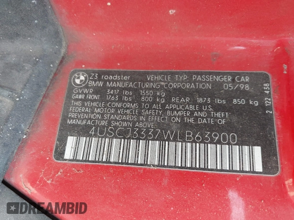 1998 BMW 3 Series Z3 2.8 with VIN 4USCJ3337WLB63900, listed as a IAAI auction lot 42485098 with Not provided miles and . Bid and sale history available at DreamBid. Image 9.
