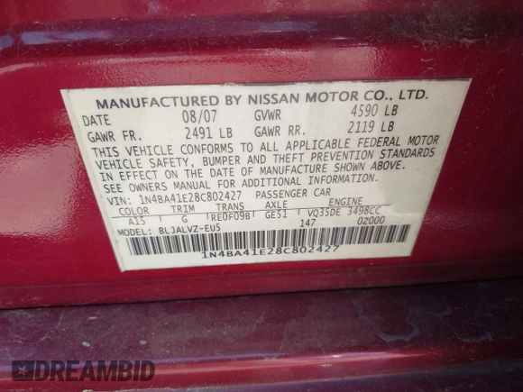 2008 Nissan Maxima 3.5 SL with VIN 1N4BA41E28C802427, listed as a IAAI auction lot 42097377 with 193,282 mi miles. Bid and sale history available at carsss.com. Image 9.