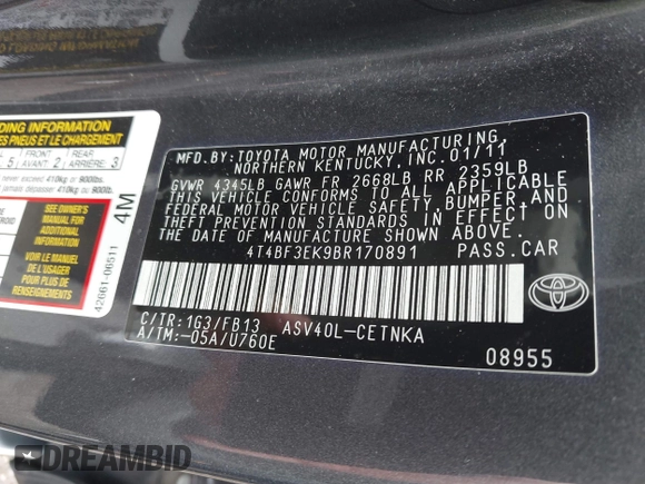 2011 Toyota Camry LE with VIN 4T4BF3EK9BR170891, listed as a IAAI auction lot 42181570 with 189,748 mi miles and . Bid and sale history available at DreamBid. Image 9.
