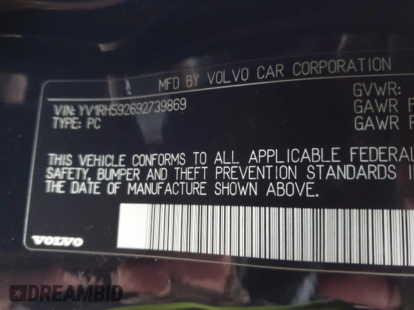 2009 Volvo S60 2.5T with VIN YV1RH592692739869, listed as a IAAI auction lot 41322224 with 106,357 mi miles. Bid and sale history available at carsss.com. Image 9.