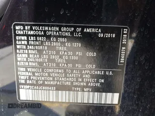 2018 Volkswagen Atlas SE z VIN 1V2DP2CA0JC600433, wystawiony jako IAAI lot #42232714 z przebiegiem 125 124 mil mil oraz . Historia ofert i sprzedaży dostępna na DreamBid. Obrazek 9.