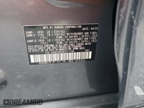 2023 Subaru Outback Premium with VIN 4S4BTADC6P3211766, listed as a Copart auction lot 65018375 with 11,653 mi miles and Salvage title. Bid and sale history available at DreamBid. Image 13.
