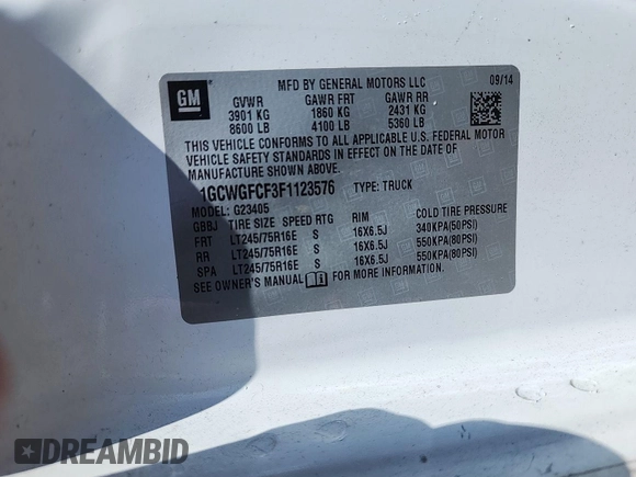 2015 Chevrolet Express Cargo with VIN 1GCWGFCF3F1123576, listed as a IAAI auction lot 42654774 with 183,911 mi miles and . Bid and sale history available at DreamBid. Image 24.