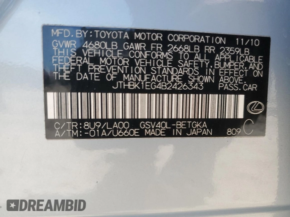 2011 Lexus ES 330 с VIN JTHBK1EG4B2426343, выставлен на аукционе Copart как лот 57300655 с пробегом 153 842 миль миль и Списание • Salvage title. История ставок и продаж доступна на DreamBid. Изображение 12.