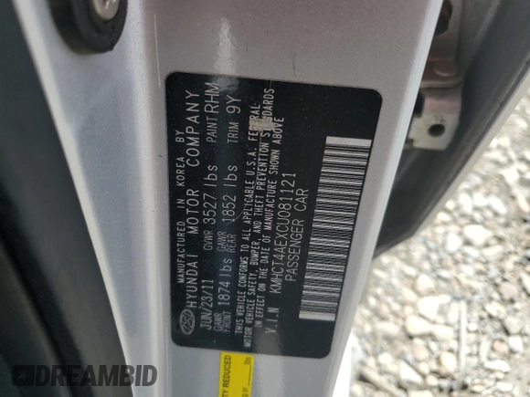 2012 Hyundai Accent GLS z VIN KMHCT4AEXCU081121, wystawiony jako Copart lot #54296235 z przebiegiem 168 986 mil mil oraz Szkoda całkowita • Salvage title. Historia ofert i sprzedaży dostępna na DreamBid. Obrazek 12.
